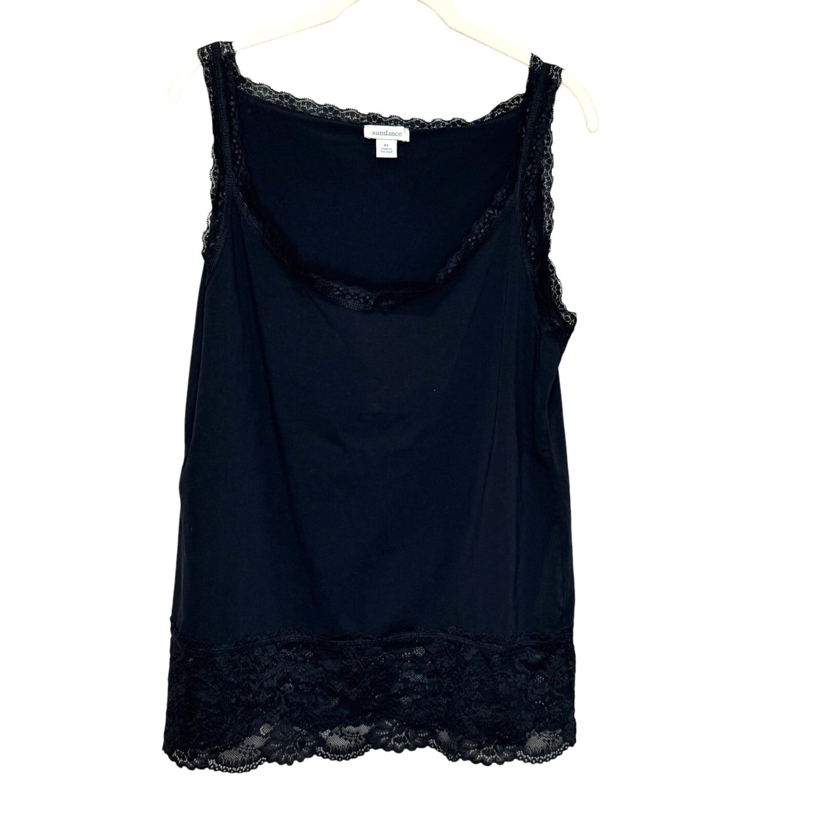 Sundance Size XL Black Lace Trim Cami Tank Top Cotton Spandex