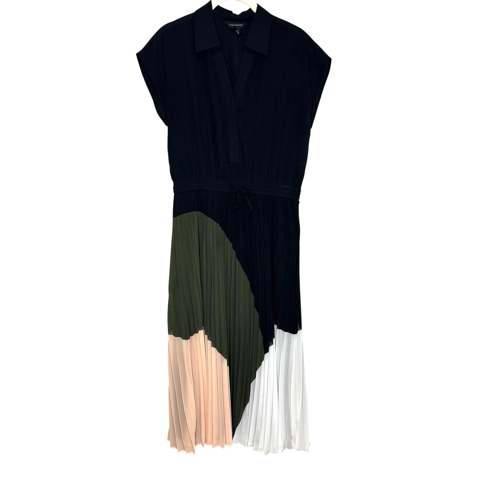 Club Monaco Shoanah Dress 2 Black Olive Pleated Colorblock Midi Shirt Collared