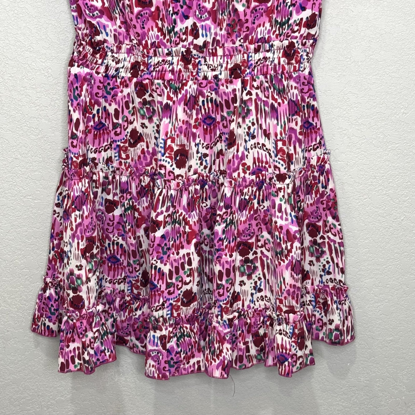 Avara Dress Womens Small Pink Purple Floral Ruffle Sleeveless Belted Tiered Boho