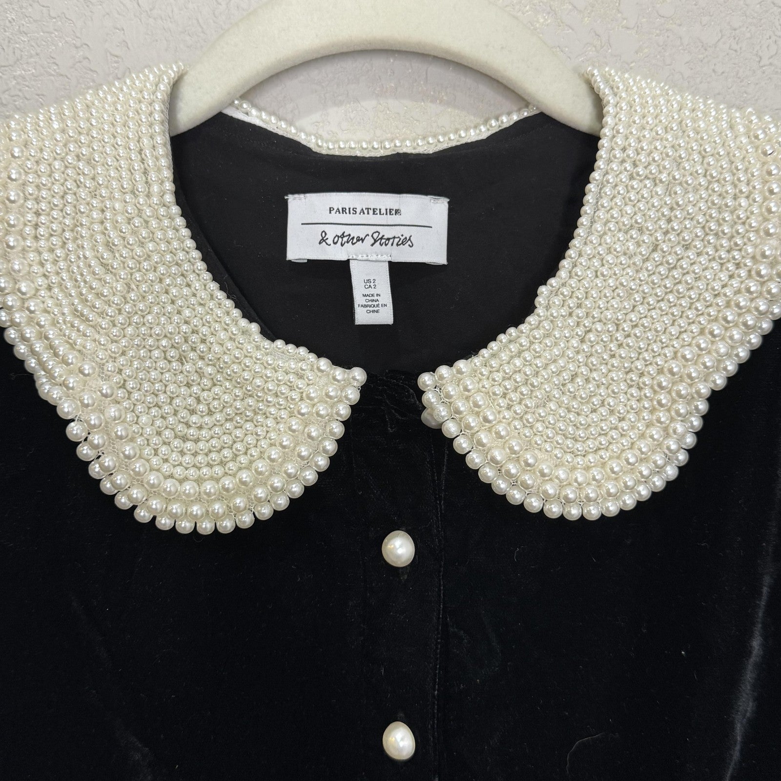 & Other Stories Paris Atelier Dress Womens 2 Black Velvet Pearl Collar Mini