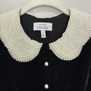 & Other Stories Paris Atelier Dress Womens 2 Black Velvet Pearl Collar Mini