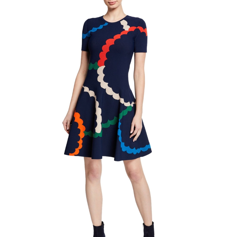 Akris Punto Navy Blue Multicolor Print A-Line Dress Size 14 $1390