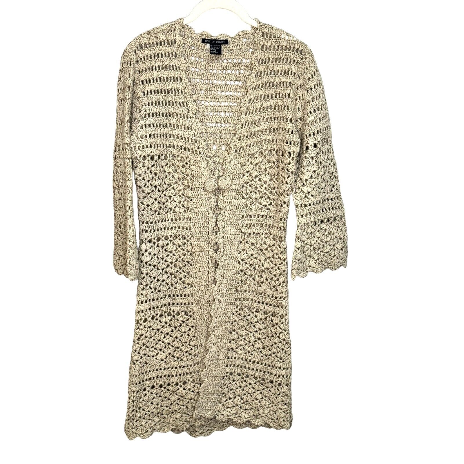 Boston Proper Ivory Lambswool Open Knit Crochet Long Cardigan Sweater Size Small