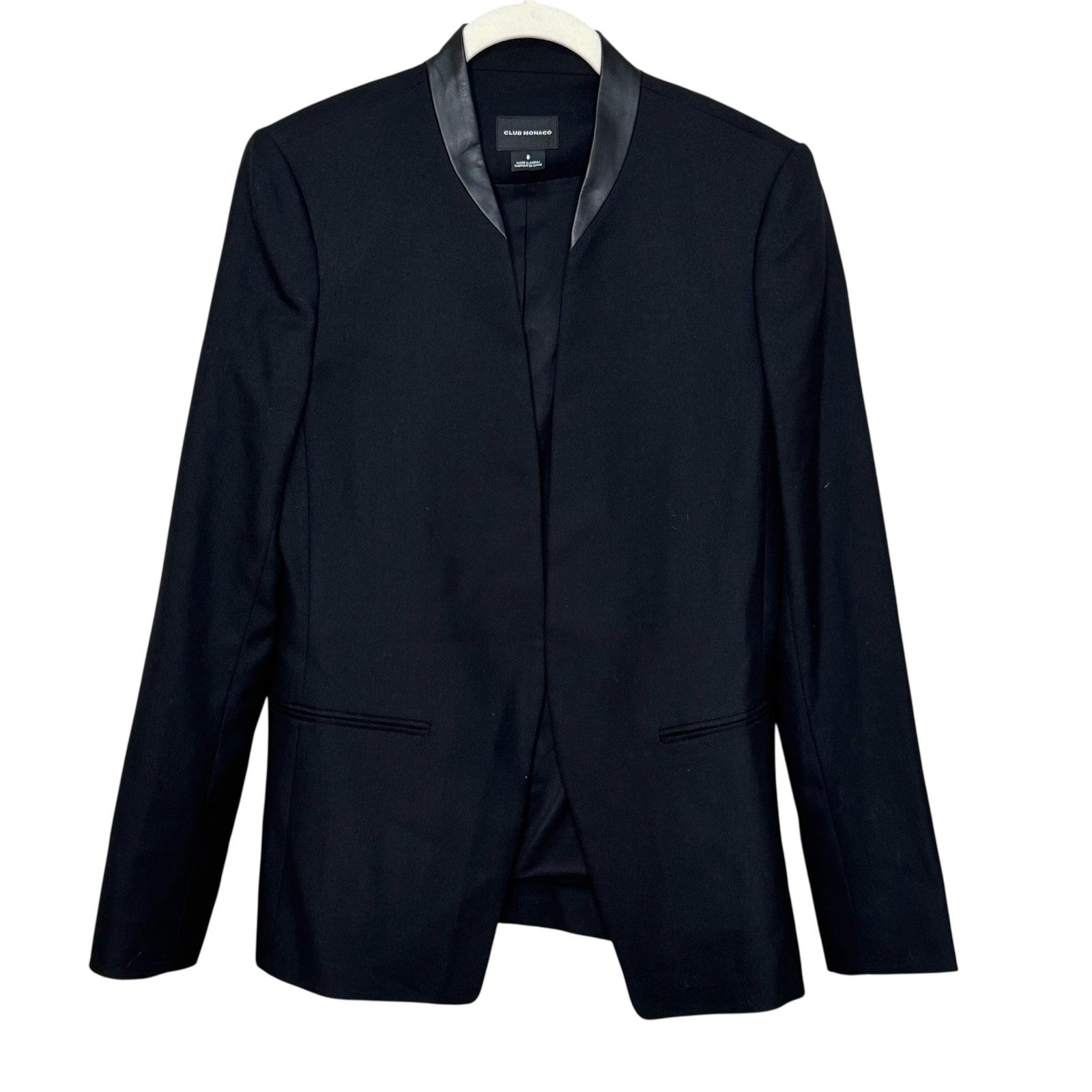 Club Monaco Blazer Womens 8 Black Wool Blend Lamb Leather Collar Tuxedo Jacket
