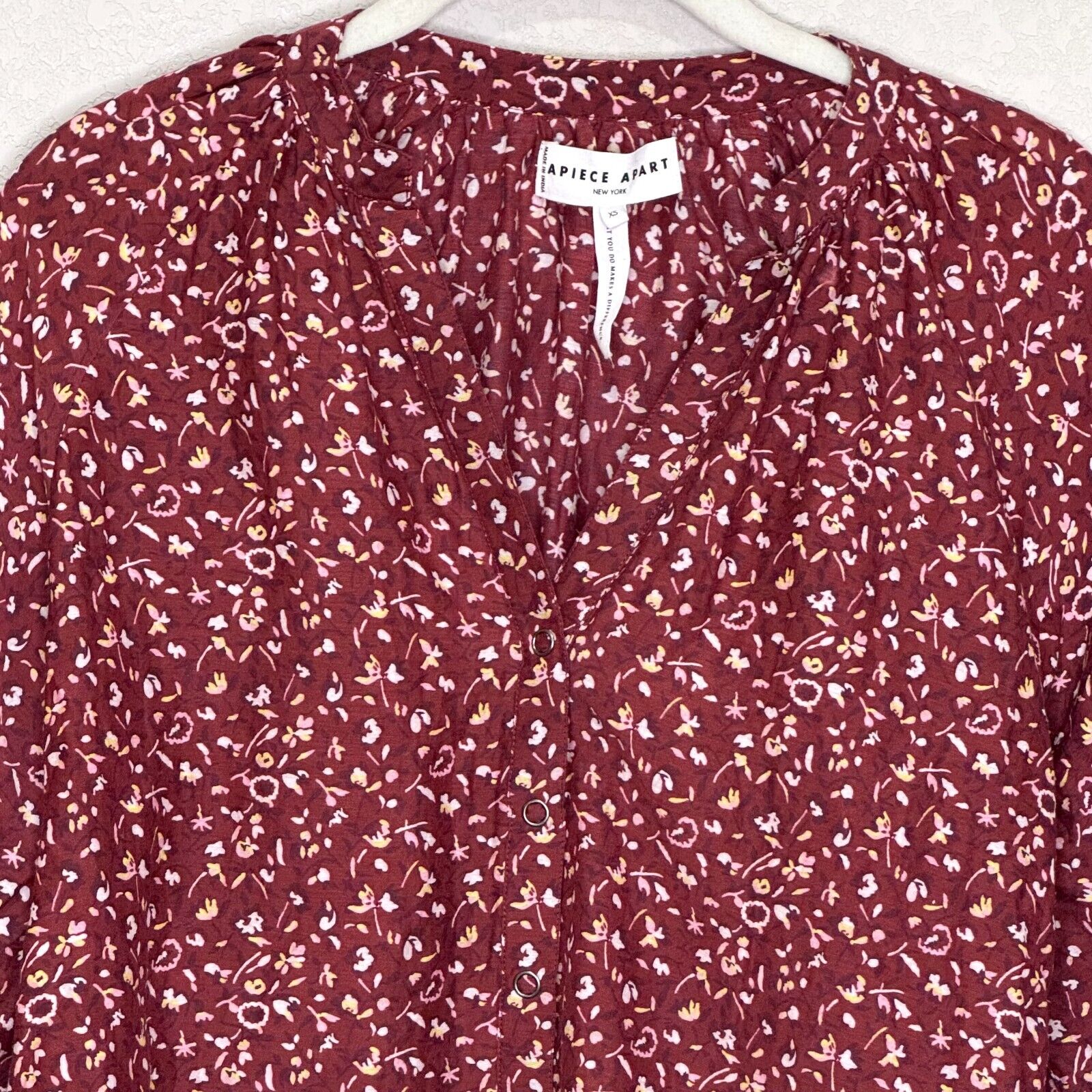 APIECE APART Blouse Top Size XS Burgundy White Mitte Floral Print Cotton Silk