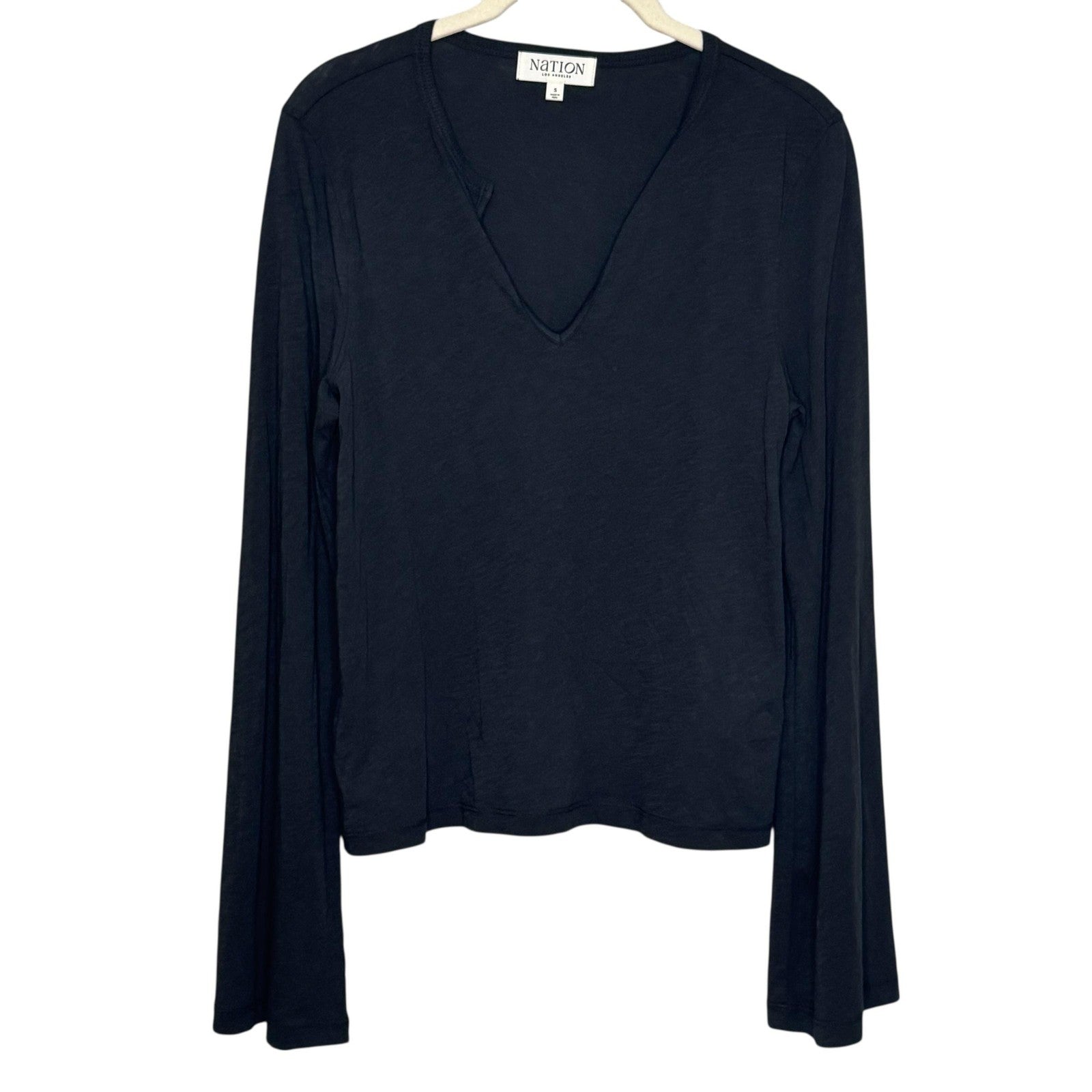 Nation Los Angeles Lian Shirt Small Black Pima Cotton Long Sleeve Notch V Neck