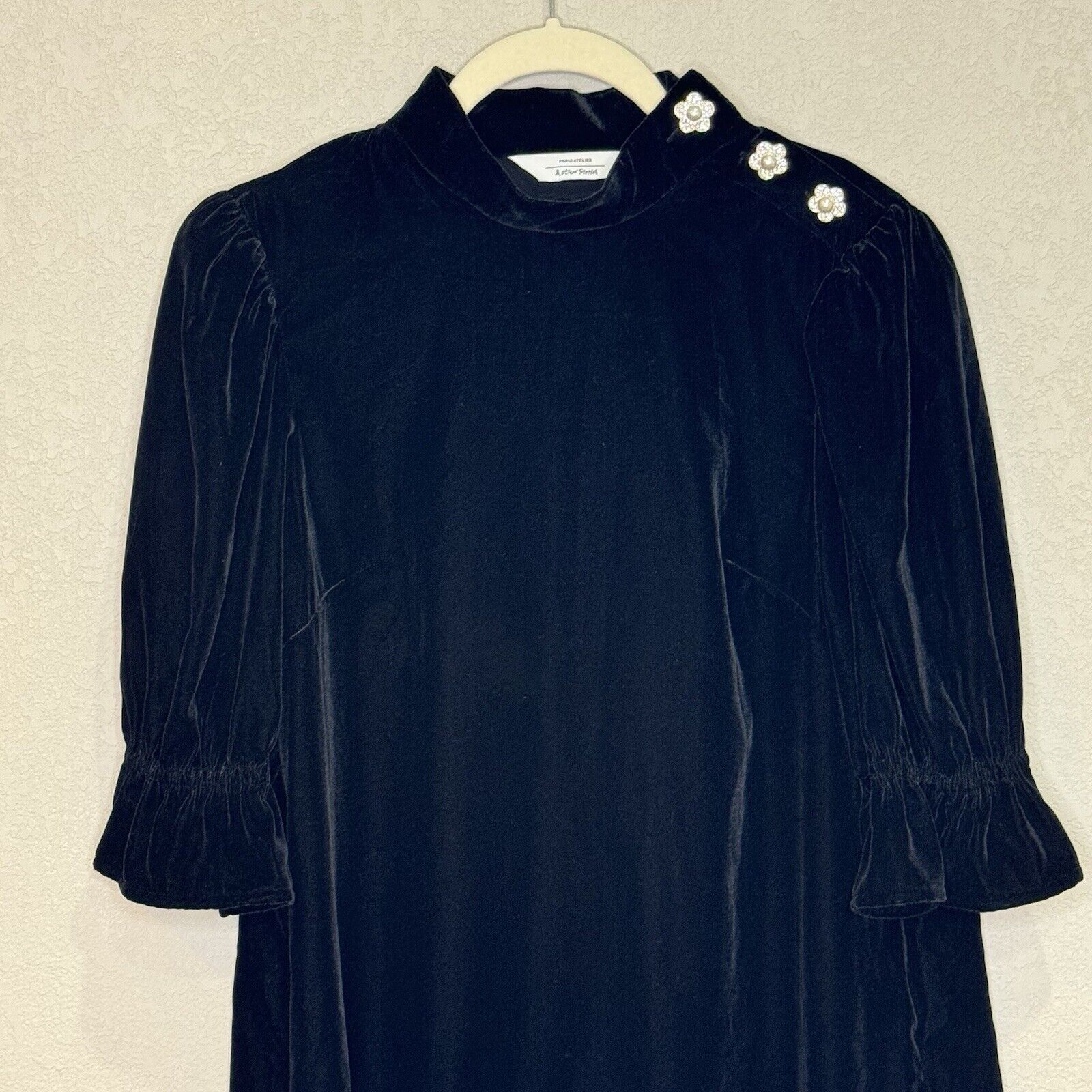 & Other Stories NEW Black Velvet Dress Crystal Flower Buttons Size 8 $119