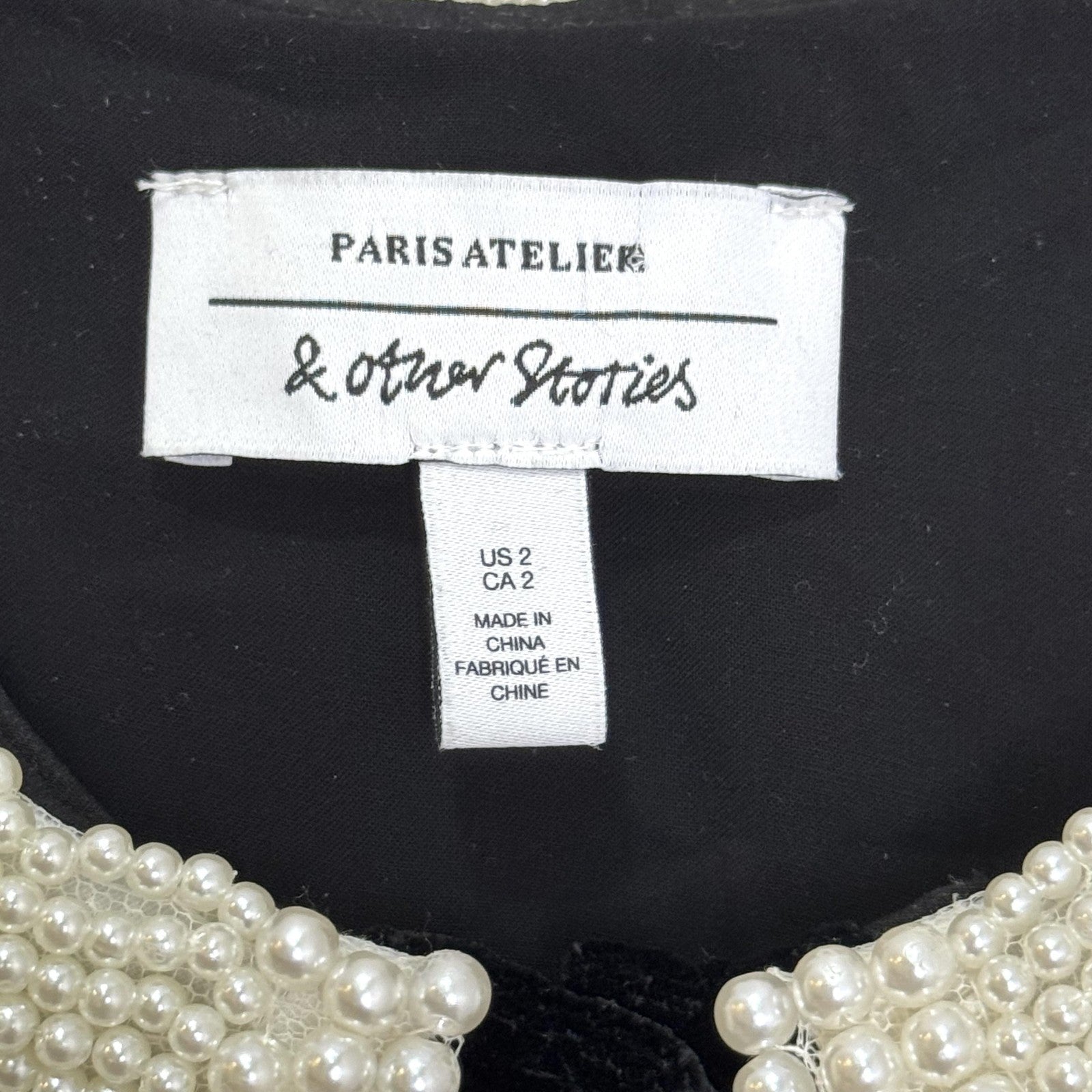 & Other Stories Paris Atelier Dress Womens 2 Black Velvet Pearl Collar Mini