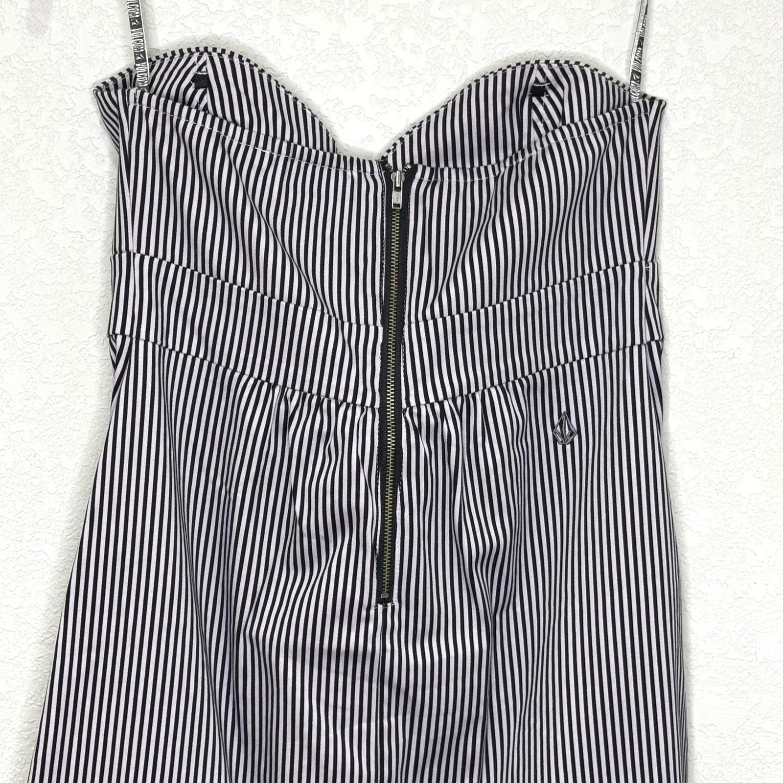 Volcom Frochickie Dress Womens Small Black White Stripe Strapless Zip Cotton