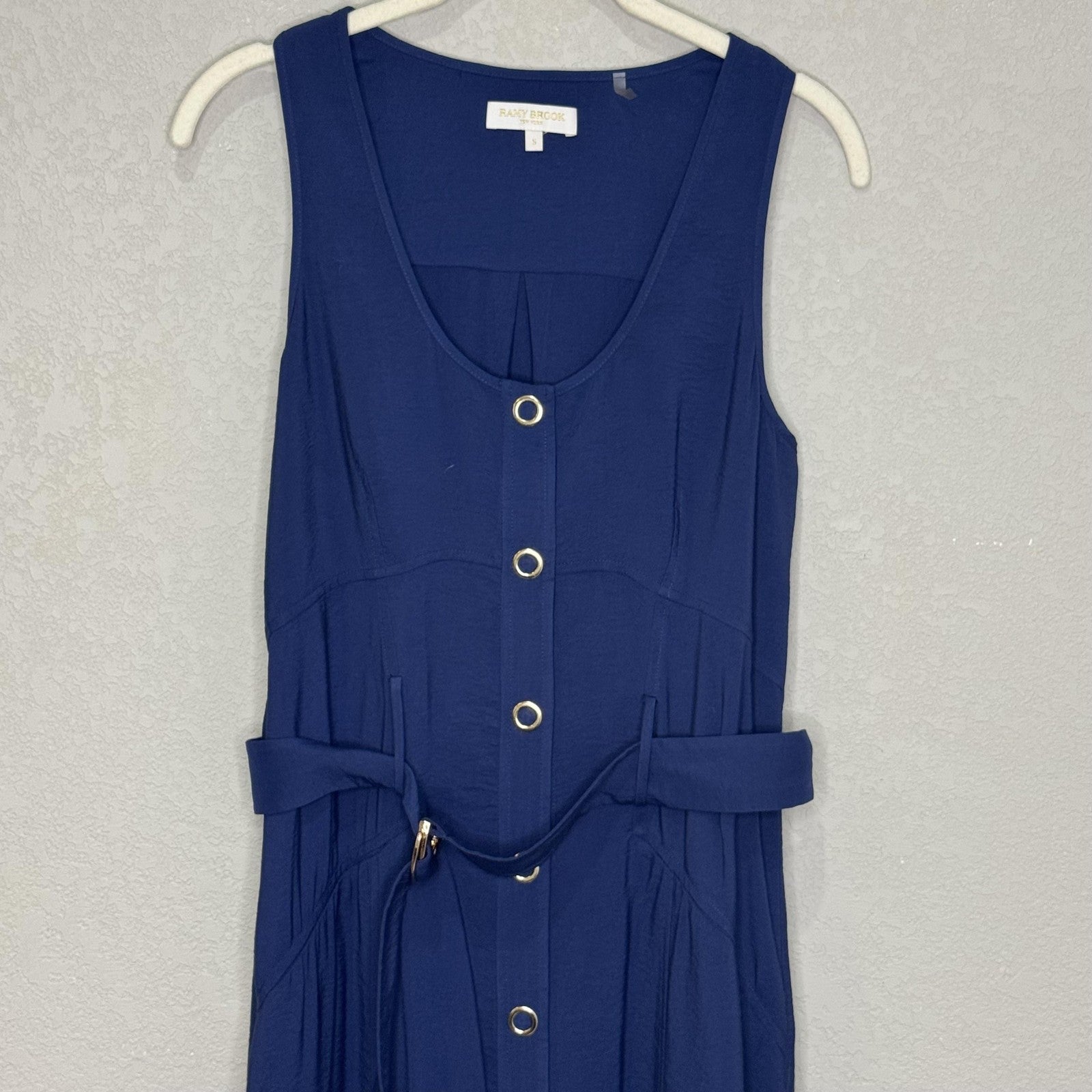 Ramy Brook Nomi Dress Womens Small Navy Button Front Belted Sleeveless Midi