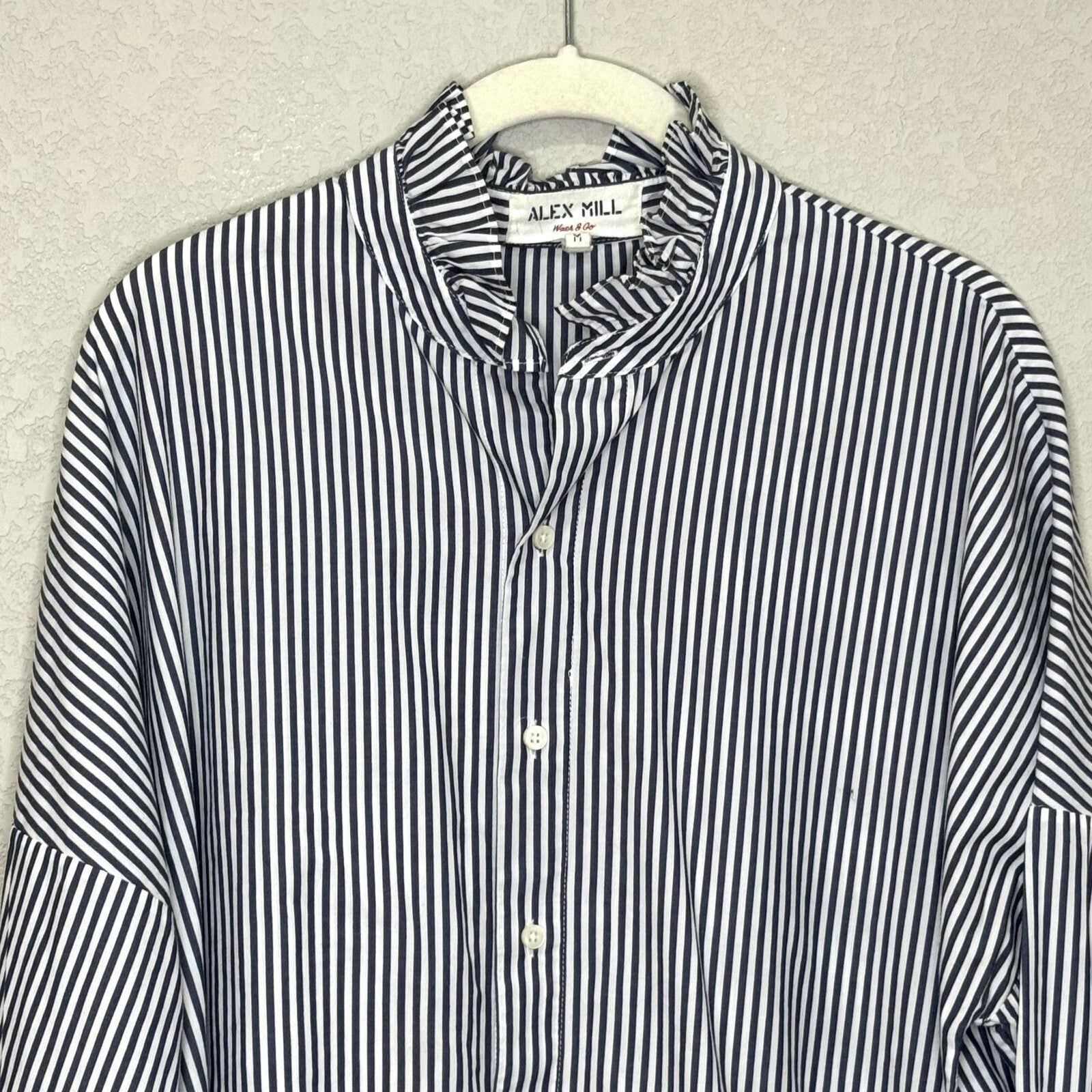 ALEX MILL Easy Ruffle Shirt Navy White Stripe Size Medium Oversized