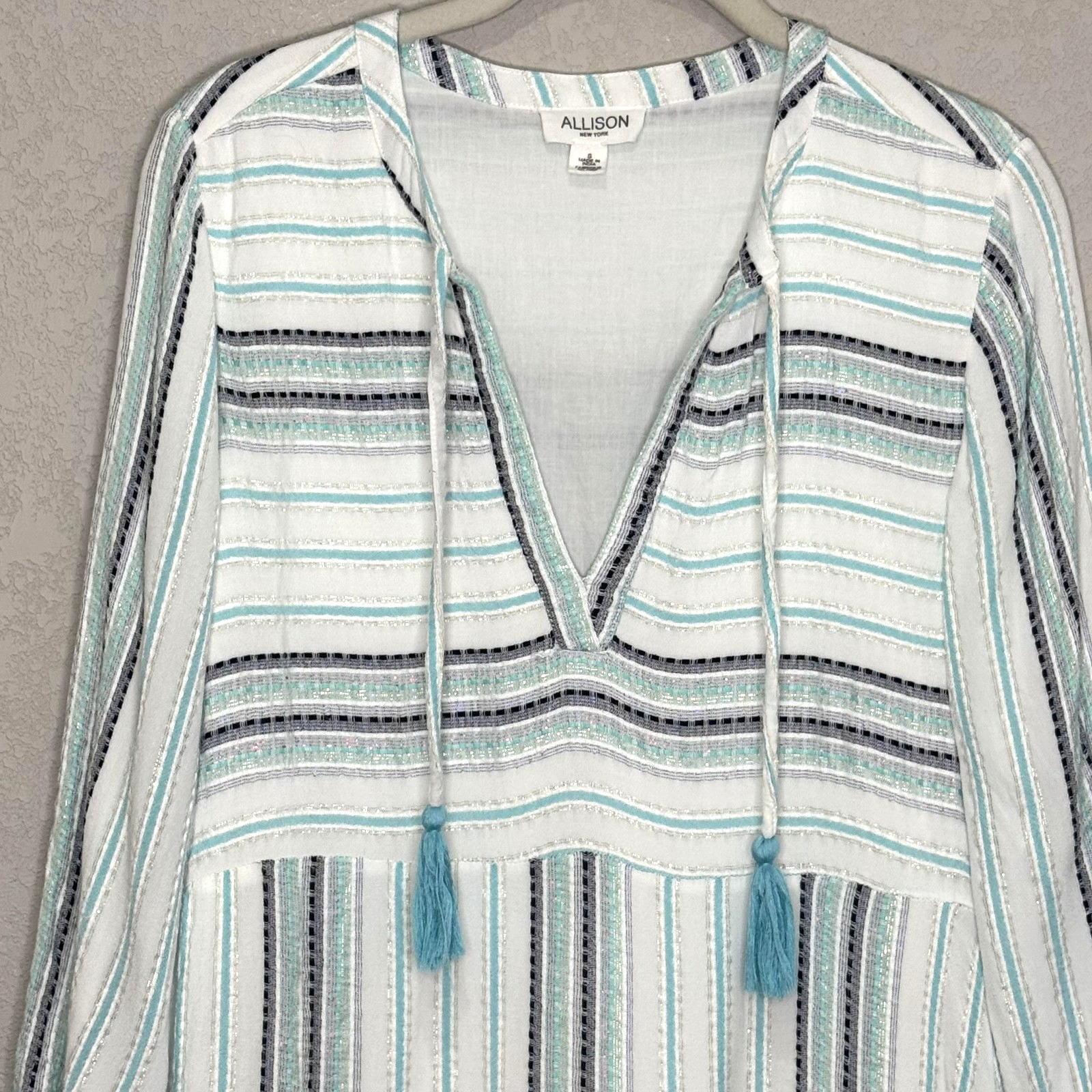Allison New York Dress Womens Small Blue White Striped Boho Tassel Mini Lined