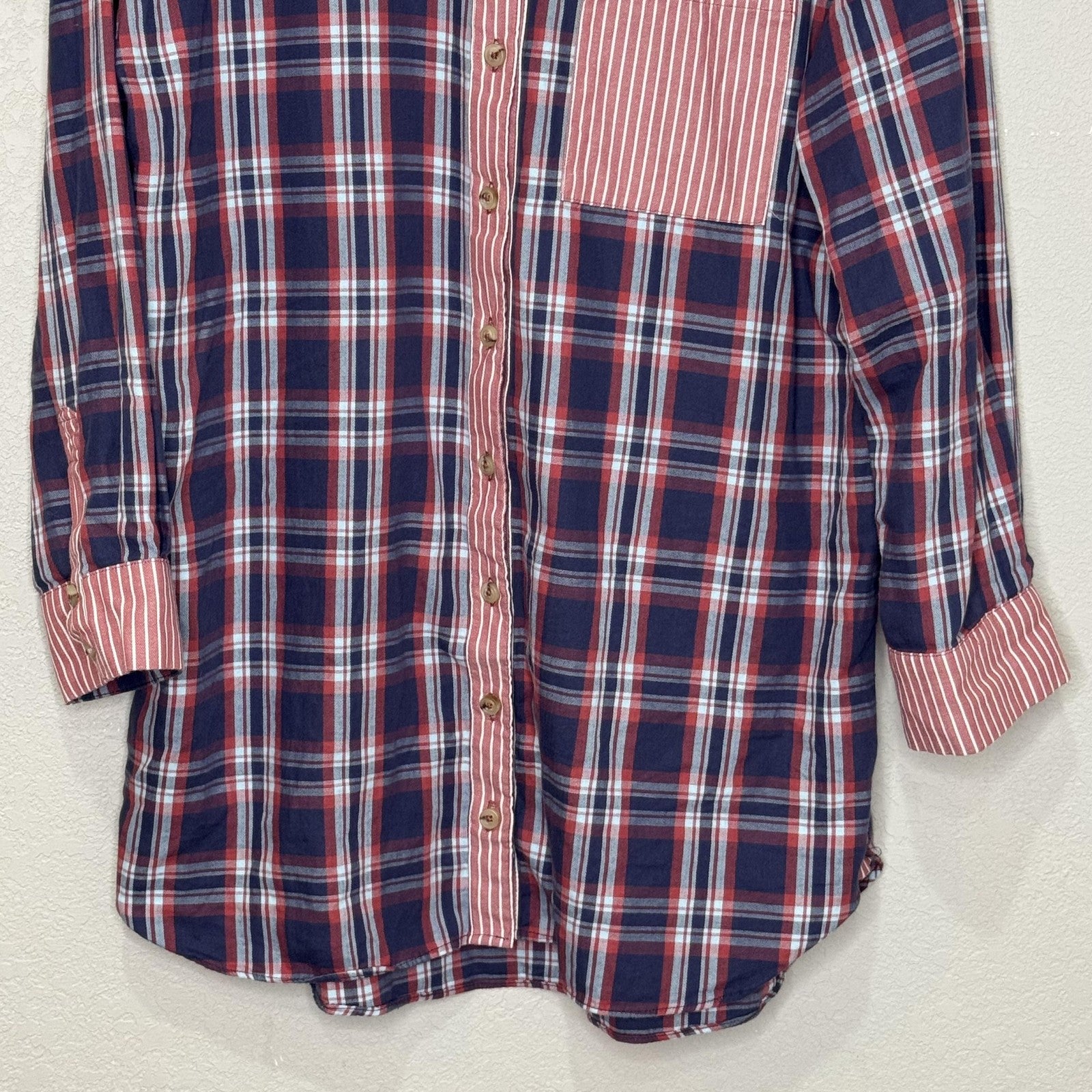 Anthropologie Shirt  XXS XS S Navy Red Plaid Stripe Button Front Oversized