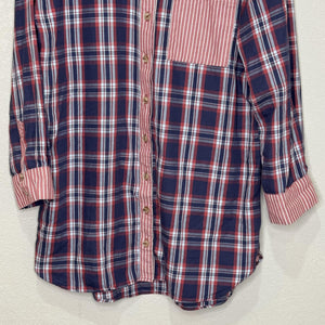 Anthropologie Shirt  XXS XS S Navy Red Plaid Stripe Button Front Oversized