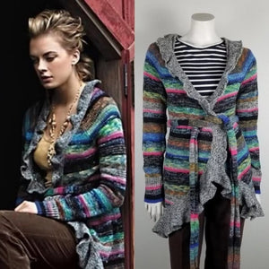 Anthropologie Moth Cardigan Sweater Size Small Bright Stripes Rainbow Belted