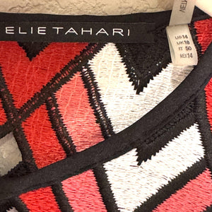 Elie Tahari Shift Dress Womens 14 Red Black White Sleeveless Chevron Scallop Hem