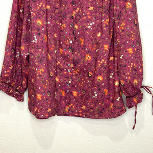 Sundance Blouse Womens Small Burgundy Floral Button Front Long Sleeve Top Cotton