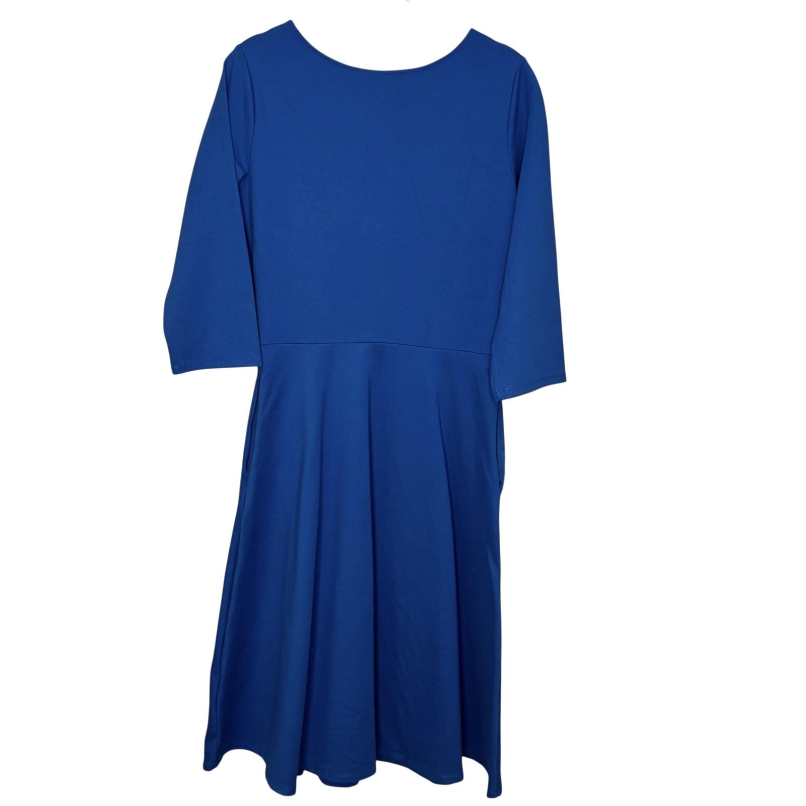 Betabrand Round-Trip Dress Medium Blue 3/4 Sleeve Faux Wrap Fit Flare Comfy Work