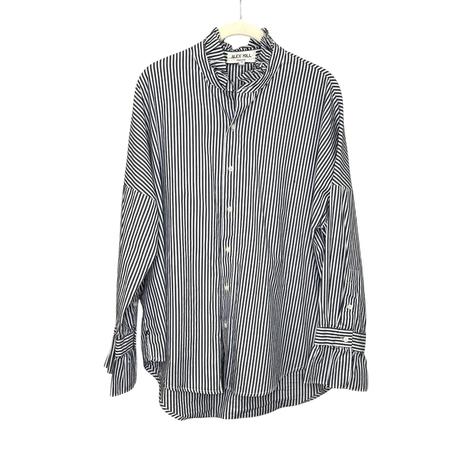 ALEX MILL Easy Ruffle Shirt Navy White Stripe Size Medium Oversized