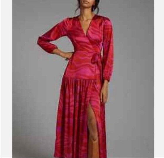 Hutch Ciara Red Pink Zebra Satin Maxi Wrap Dress Size Large $179