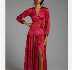 Hutch Ciara Red Pink Zebra Satin Maxi Wrap Dress Size Large $179