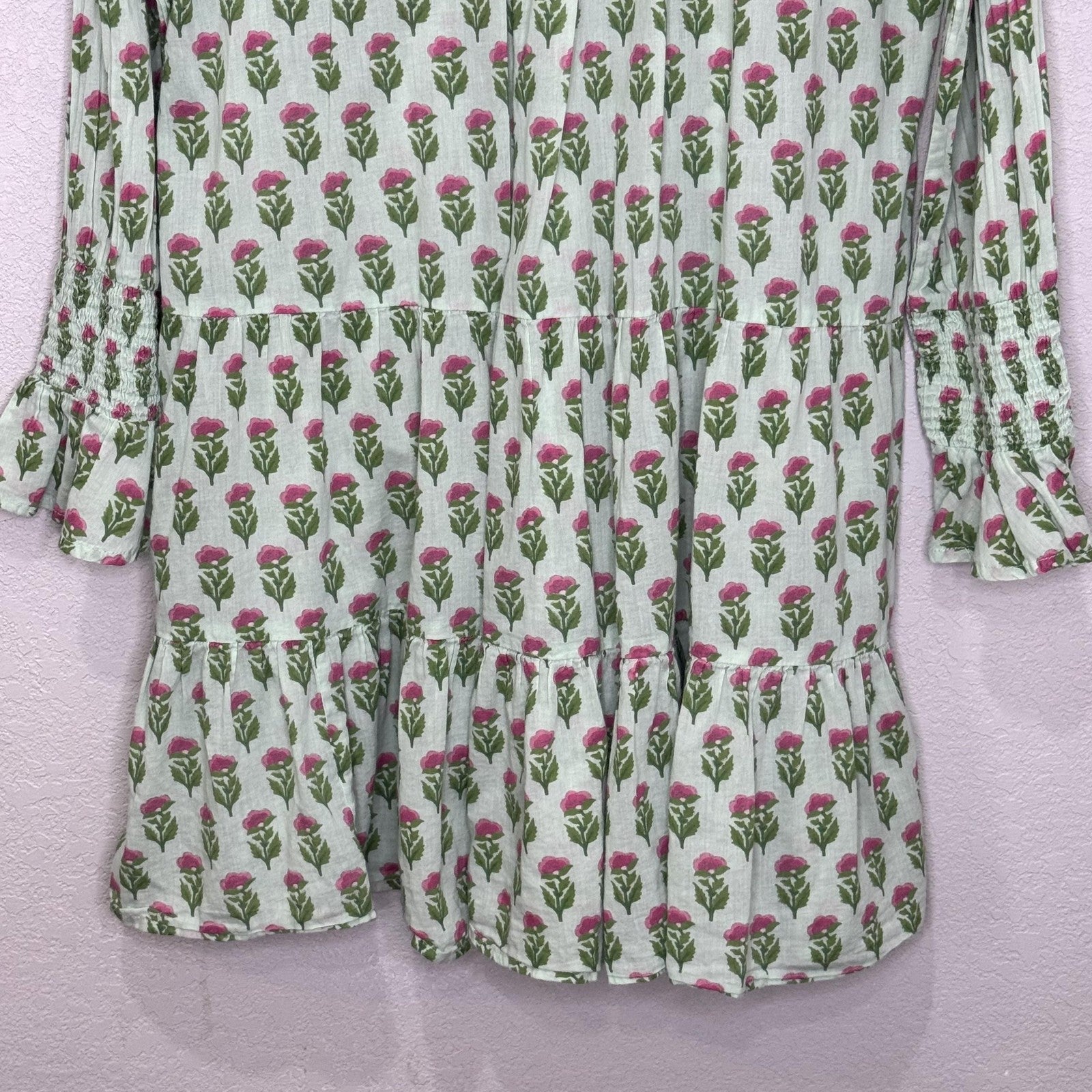 Tuckernuck Dress Womens XS Green Pink Floral Long Sleeve V Neck Tiered Boho