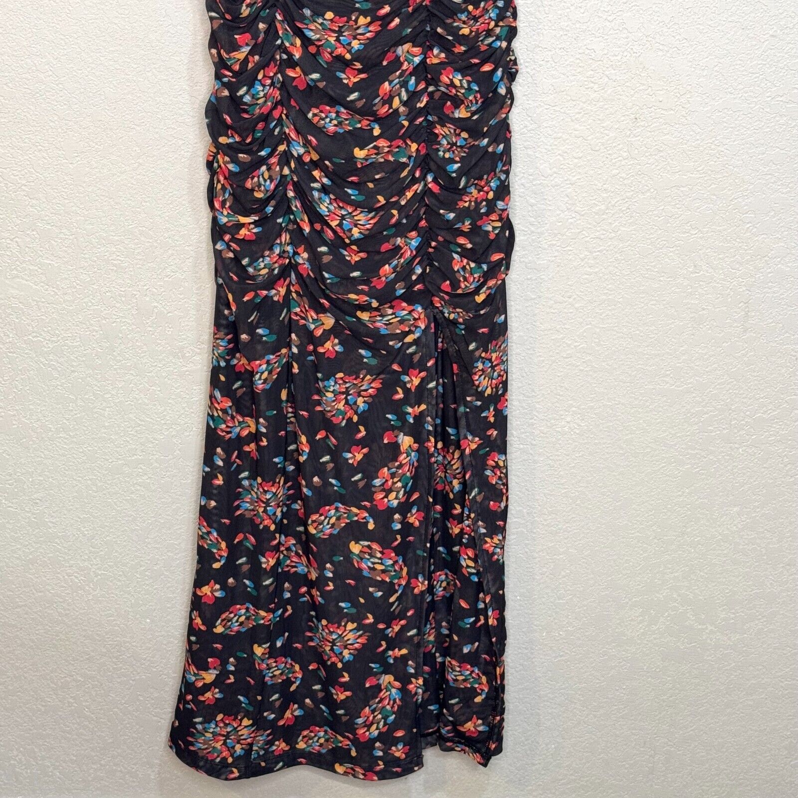 Free People NEW Black Multi Floral Briella Ruched Midi Dress Size Small $168