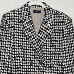 Theory Houndstooth Check Crop Wool Blazer Jacket Size 8 Black Grey Cream Tan