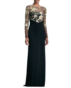 David Meister NWT Black Full Length Gown Gold Lace Illusion Floral Bodice Size 6