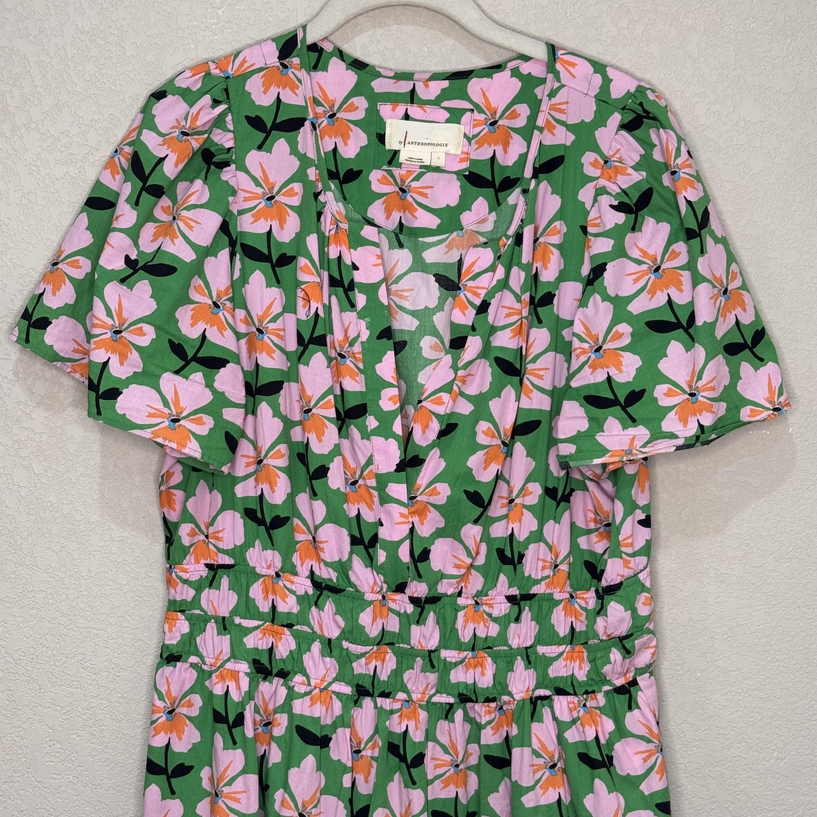 Anthropologie Somerset Dress Large Floral Boho Mini Short Sleeve Pockets