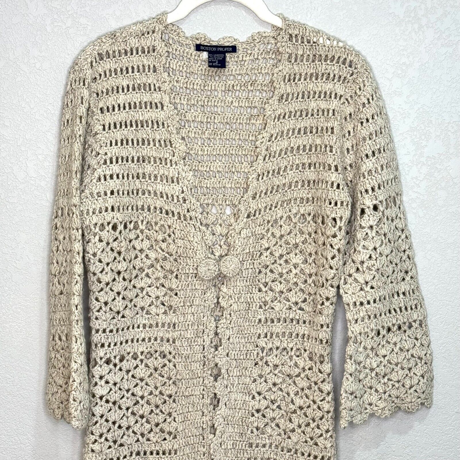 Boston Proper Ivory Lambswool Open Knit Crochet Long Cardigan Sweater Size Small