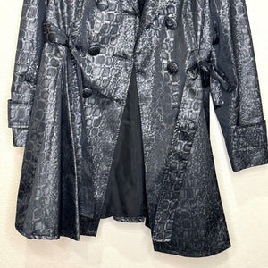 Helene Berman London Trench Coat Jacket Size XL Black Silver Belted Animal Print