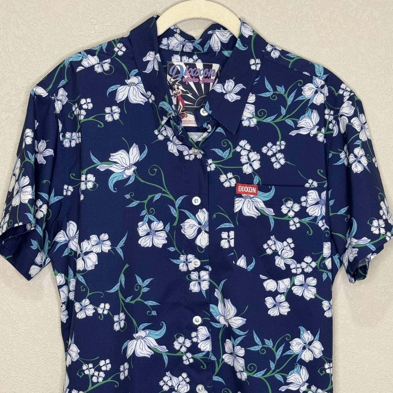 Dixxon Shirt Womens Large Navy Aloha Series Hawaiian Floral Button Up Stretch