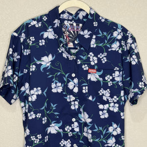 Dixxon Shirt Womens Large Navy Aloha Series Hawaiian Floral Button Up Stretch