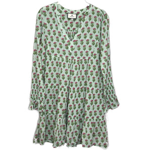 Tuckernuck Dress Womens XS Green Pink Floral Long Sleeve V Neck Tiered Boho
