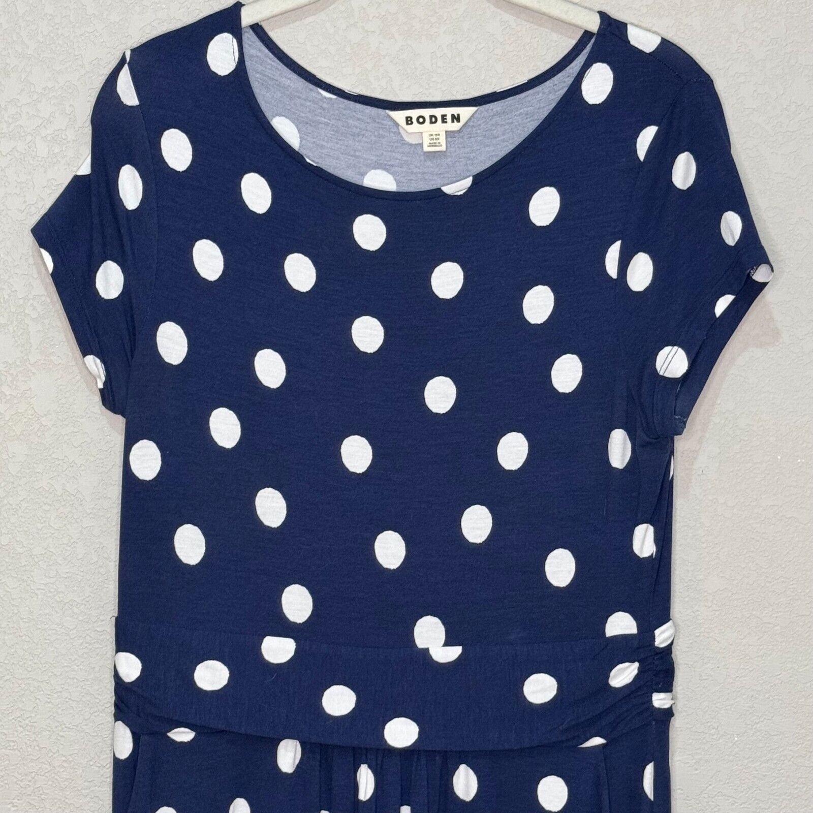 Boden Amelie Jersey Dress Size 8 Navy Blue White Painterly Spot Polka Dots