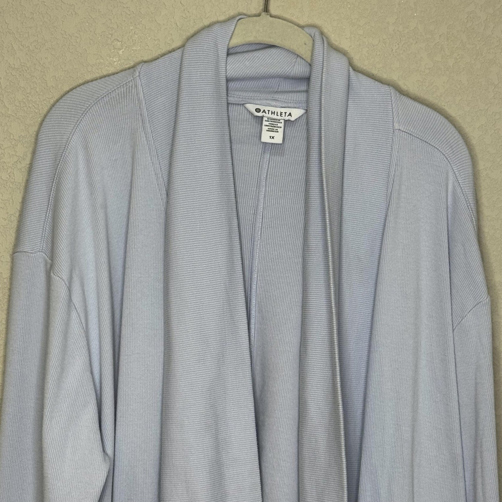 Athleta Cardigan Sweater Womens 1X Light Blue Open Front Draped Rib Knit Tencel