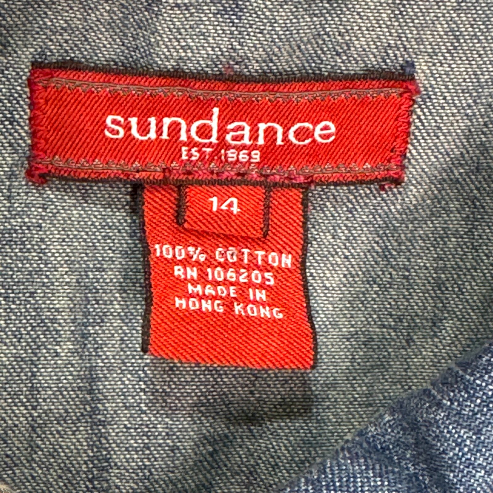 Sundance Button Down Denim Shirt Size 14 Short Sleeve 100% Cotton Short Sleeve
