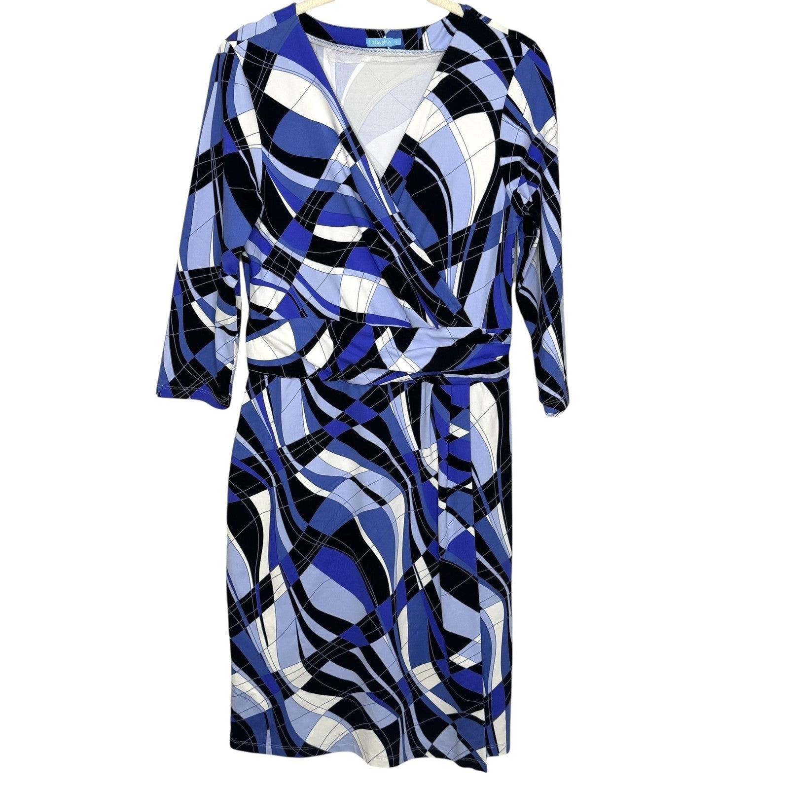 J McLaughlin Dress Womens Small Blue Black White Wrap 3/4 Sleeve Geometric Print