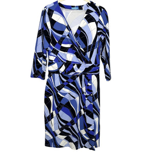 J McLaughlin Dress Womens Small Blue Black White Wrap 3/4 Sleeve Geometric Print