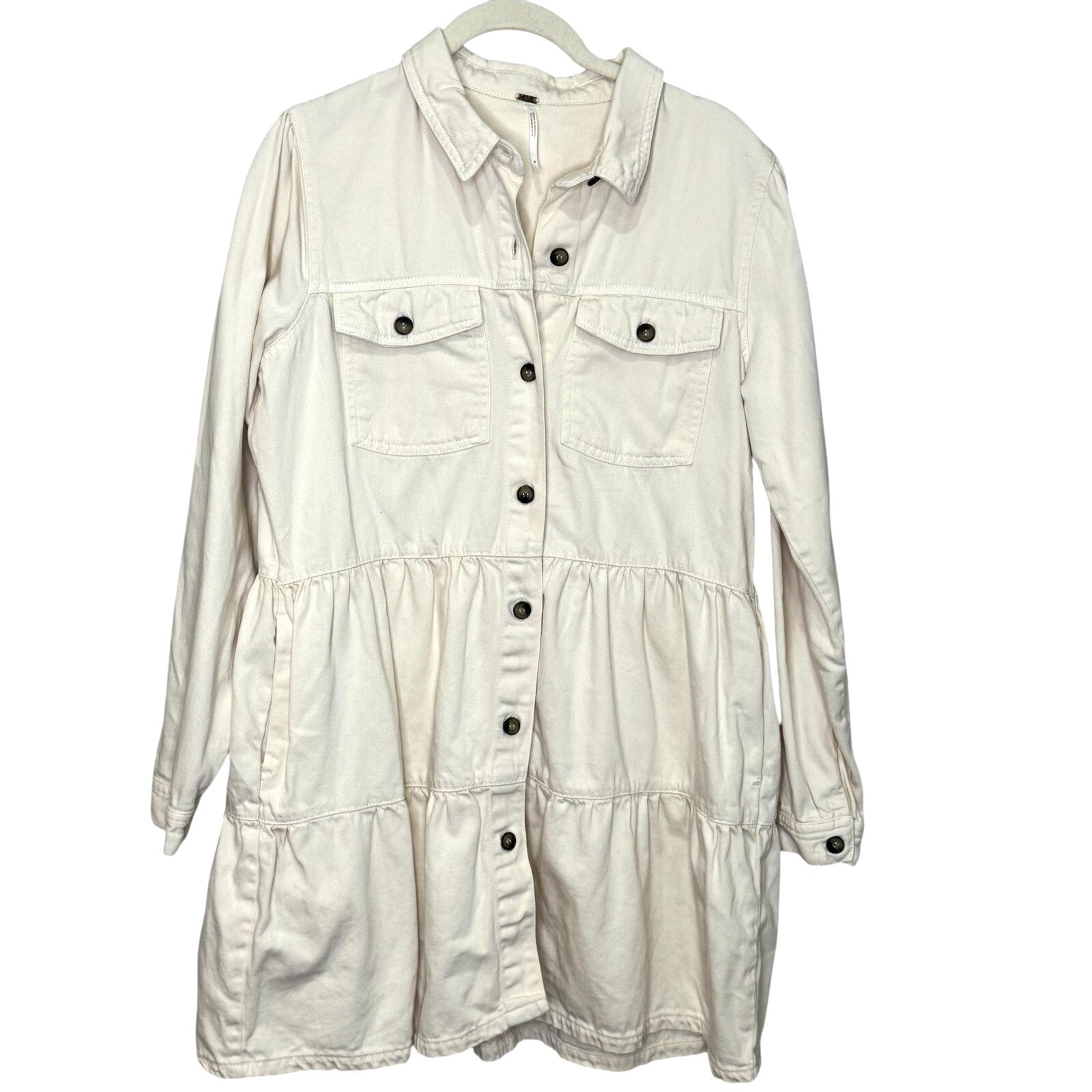Free People Nicole Denim Dress Size Medium Ivory Mini Tiered Shirtdress Western