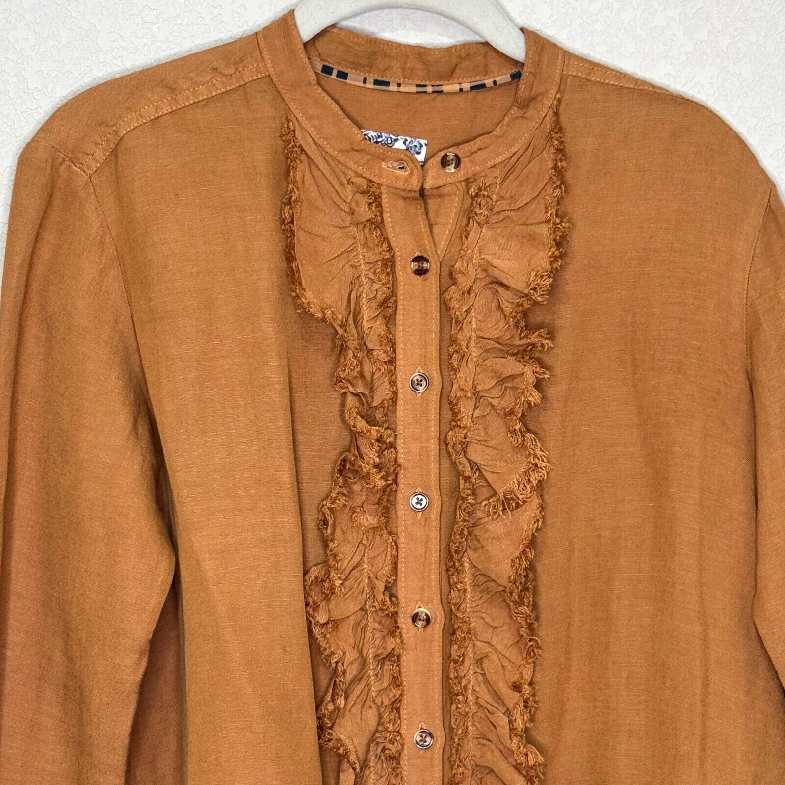 Anthropologie Pilcro Button Down Ruffle Placket Shirt Size XS Linen Brown Honey