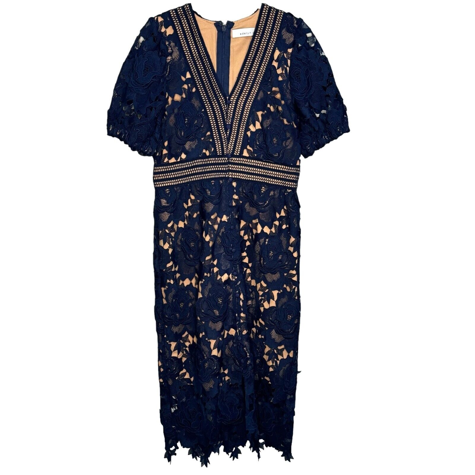 Adelyn Rae Navy Blue Adrian Crochet Lace V-Neck Dress Size Medium NEW $188