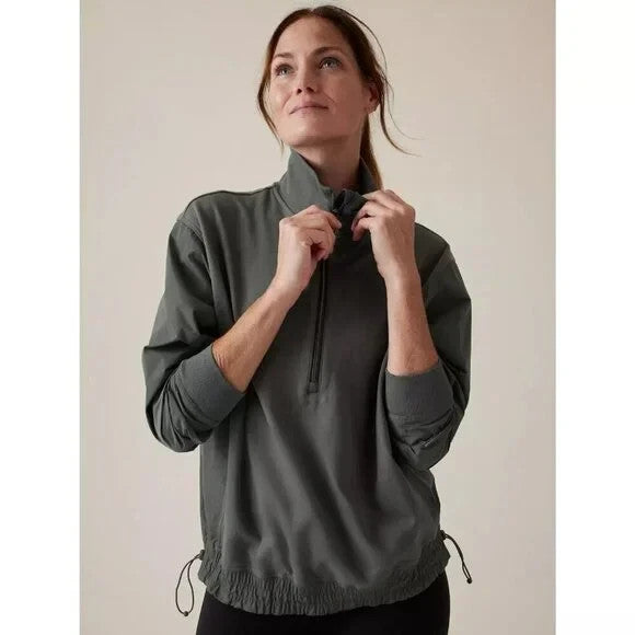 Athleta Pullover Large Green Triumph Half Zip Mock Neck Mixed Media Bungee Hem