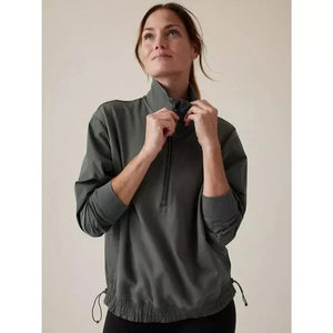 Athleta Pullover Large Green Triumph Half Zip Mock Neck Mixed Media Bungee Hem