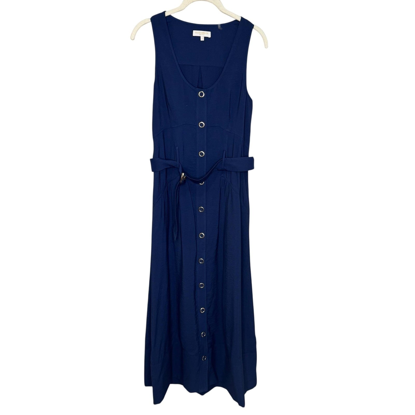 Ramy Brook Nomi Dress Womens Small Navy Button Front Belted Sleeveless Midi
