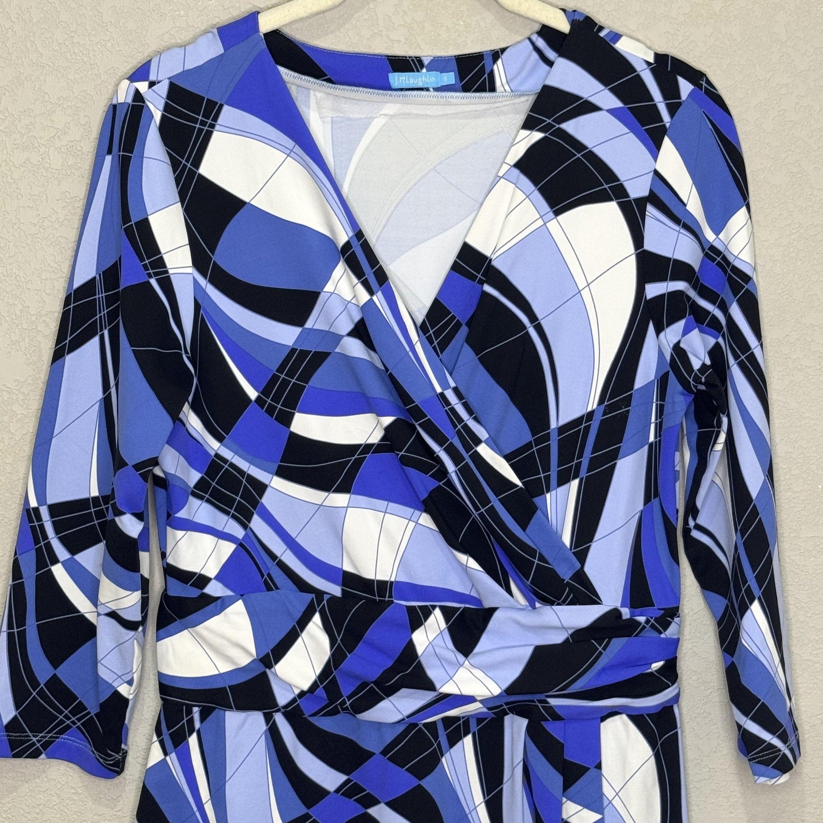 J McLaughlin Dress Womens Small Blue Black White Wrap 3/4 Sleeve Geometric Print