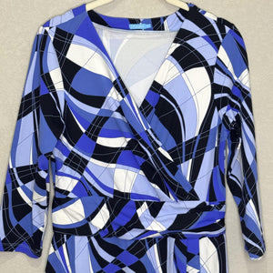 J McLaughlin Dress Womens Small Blue Black White Wrap 3/4 Sleeve Geometric Print