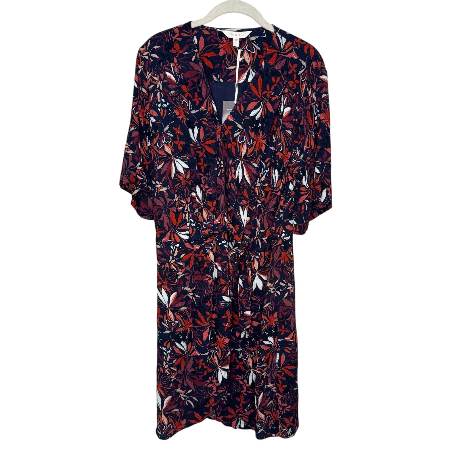 Garnet Hill Dress Size 8 Hazel Crêpe Navy Red Floral Short Sleeve Wrap
