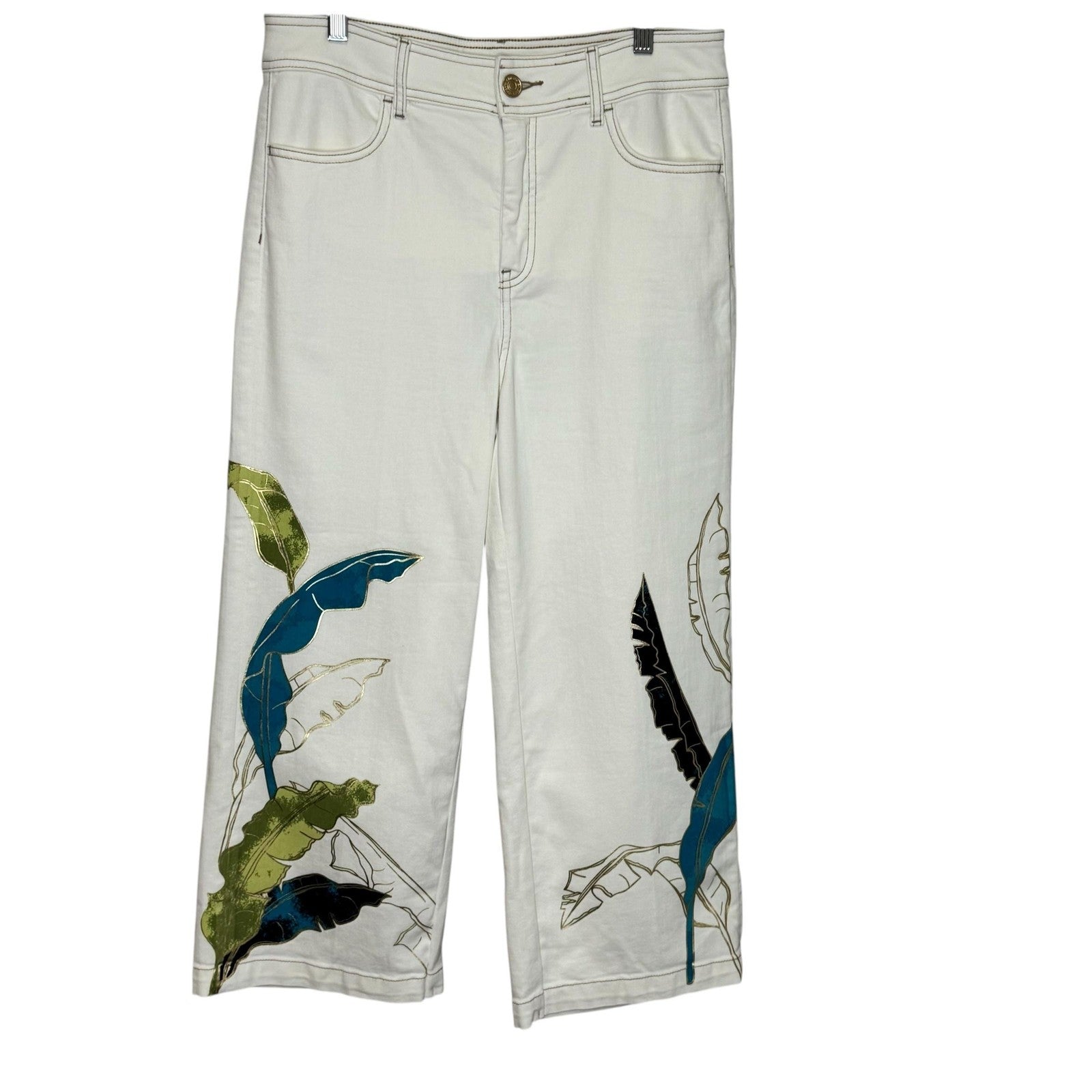 Chicos Pants Womens 8 White Trouser Crop Tropical Leaf Print Wide Leg Stretch